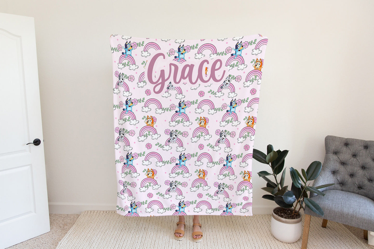 Personalized Pink Boho Bluey Blanket